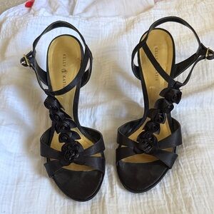 Kelly & Katie Black Satin High Heels with Floral Embeu
